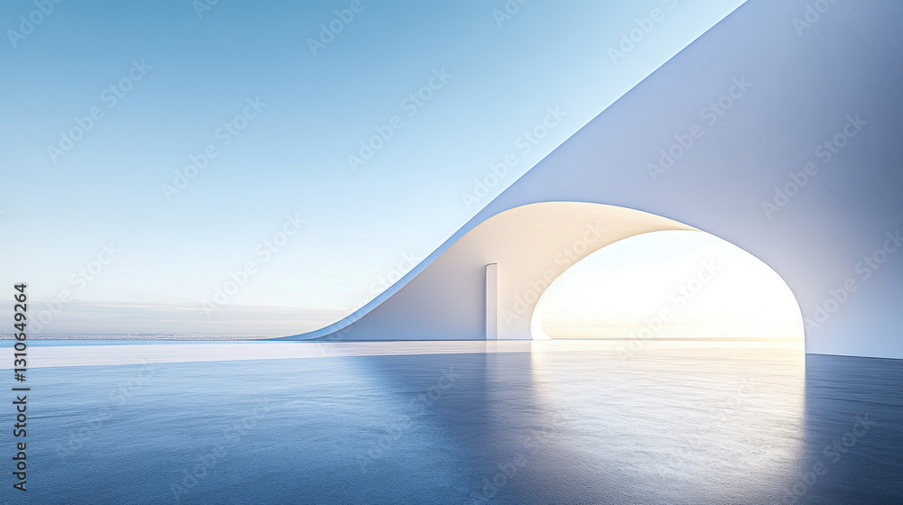 Poster a white building with curved walls on the sea, a 3d rendering of an architectural design style