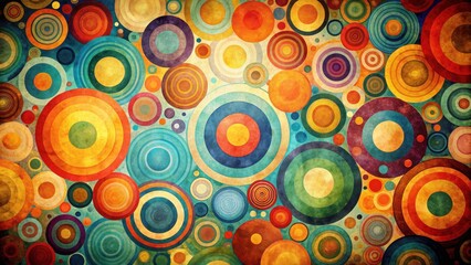 Retro colorful background with overlapping circles of different sizes and shapes, forming a mosaic-like effect, swirling shapes, mosaics