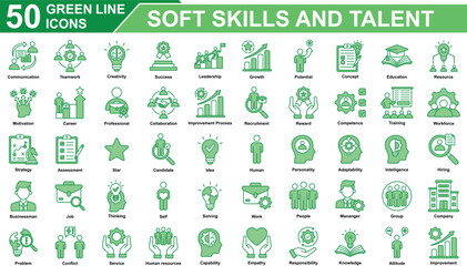 Soft Skills And Talent Icon Set Collection. Containing communication, teamwork, creativity, success, leadership, growth, potential, concept, education, resource. Simple Green Line Vector Illustration.