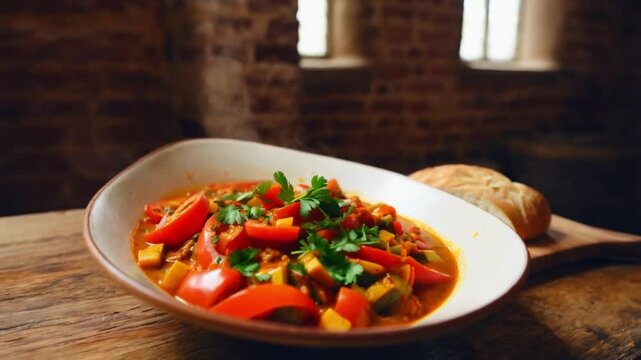 Bowl of vibrant lecs&oacute; vegetable stew, garnished with fresh parsley, rustic setting with crusty bread on the side, warm and hearty food
