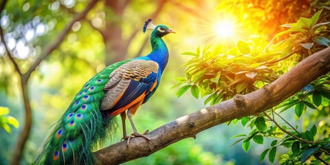 Obraz premium Vibrant plumage against a soft green tree background with sunlight filtering through leaves and branches