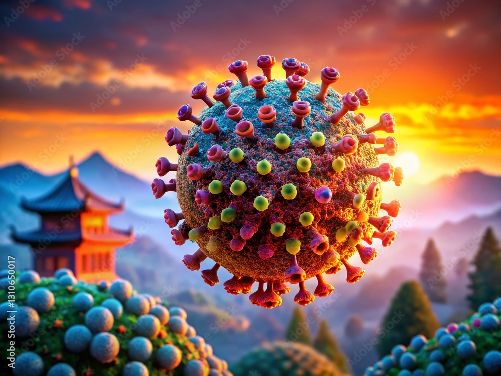 Poster microscopic close-up of langya virus particle with bokeh background – emerging infectious disease in