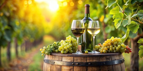 Fototapeta premium Vintage wine bottles surrounded by lush green grapes and wineglasses placed on a wooden barrel in a rustic countryside scene