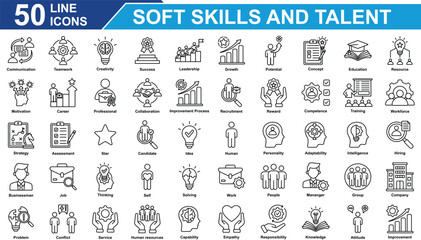 Soft Skills And Talent Icon Set Collection. Containing communication, teamwork, creativity, success, leadership, growth, potential, concept, education, resource, job. Simple Line Vector Illustration.