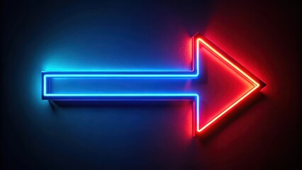 A glowing neon directional arrow sign with a blue and red color scheme illuminates a dark background, pointing towards a mysterious destination at night , Neon lights, Dark backgrounds
