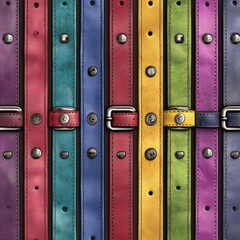 Obraz premium Colorful leather belts with metal buckles arranged vertically.