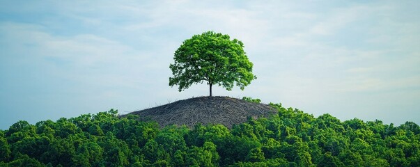 Earth Day Impact Concepts. Lone tree atop a hill surrounded by lush greenery.