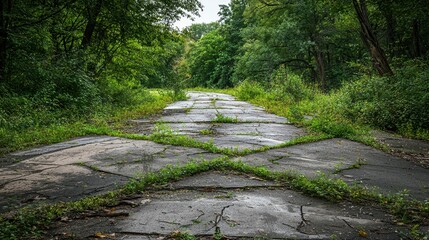 Abandoned Crossroads in an Overgrown Forest Surrounded by Nature