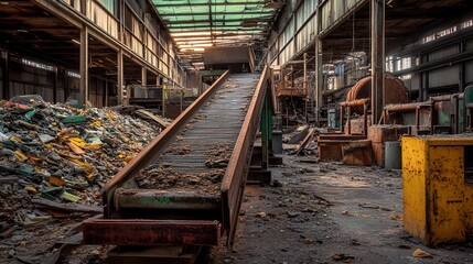 Abandoned factory interior with rusty conveyor belt and debris.