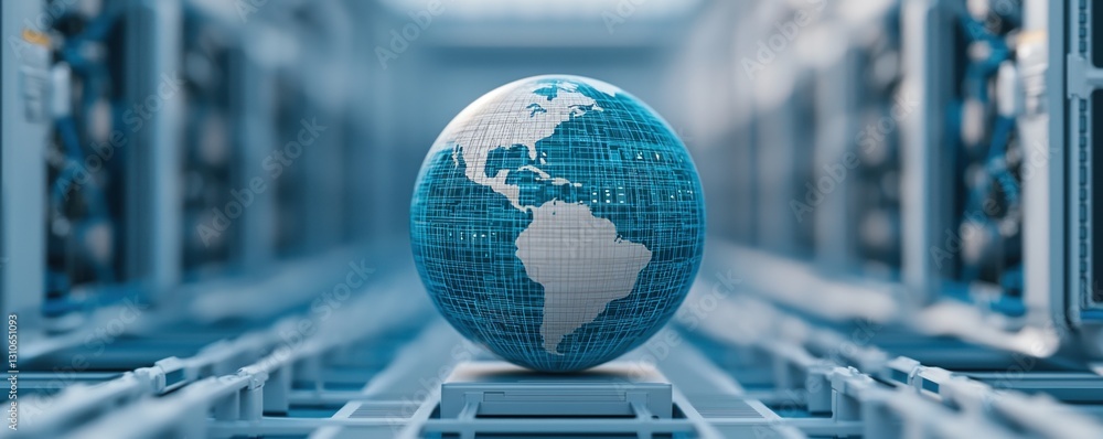 Aufkleber earth day impact concepts. digital globe on server racks representing global connectivity.