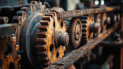 Fototapeta premium Abandoned Factory with Rusted Machinery and Gears in Close Up View