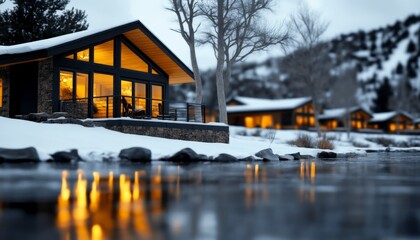 Cozy Cabin in Winter Surrounded by Snow