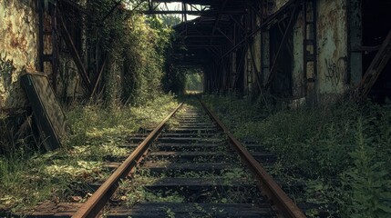Fototapeta premium Abandoned Railway with Rusted Tracks Surrounded by Overgrown Vegetation