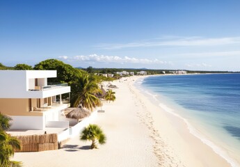 Naklejka premium Serene Tropical Beach View with Palm Trees and Sand