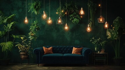 Obraz premium Elegant deep blue tufted sofa against a moody dark green wall. Vintage decor elements, intricate wood flooring, and soft lighting create a warm ambiance.