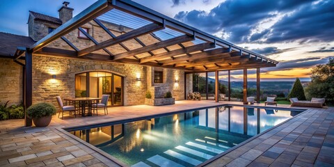Stone house with wooden beams under acrylic roof by pool at dusk, outdoor living, rustic stone