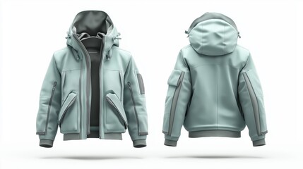 two difrent view (front and back) green, functional winter jacket with a hooded design