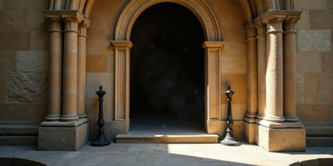 Sunlit Stone Archway Entrance with Ornate Pillars and Decorative Lampposts