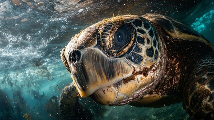 Fototapeta premium Close-up underwater portrait of a sea turtle's head, showing its eye, scales, and texture.
