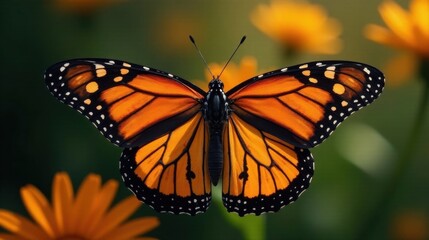 Fototapeta premium A vibrant monarch butterfly with striking orange and black patterns, delicately perched amidst a soft-focus backdrop of radiant yellow wildflowers, showcases the intricate details of its wings