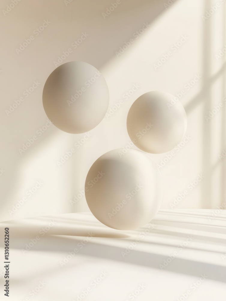 Poster Floating minimalist 3D shapes with soft shadows and elegant light reflections on a white background in a futuristic design setting