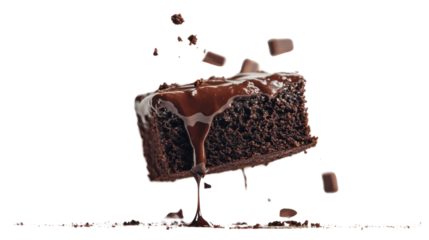 Delicious chocolate cake slice with dripping ganache, isolated on white background.