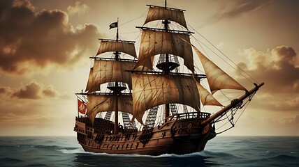 For historical nautical and adventure-themed design projects, a realistic PNG graphic of an antique pirate ship with a translucent backdrop is available.