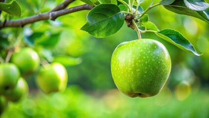 Close-up of a green unripe apple hanging from a tree branch with leaves in the background, unripe, green,  unripe,green, nature