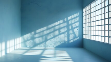 Obraz premium Sunlit blue interior with large window grid casting geometric shadows on textured wall and floor, creating a calm and modern design ideal for background or wallpaper