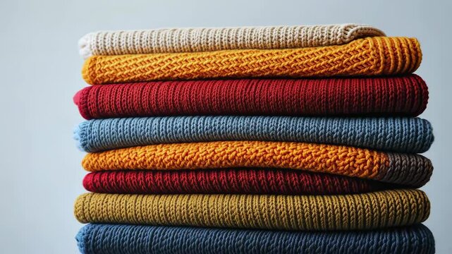 Colorful stacked sweaters in warm tones