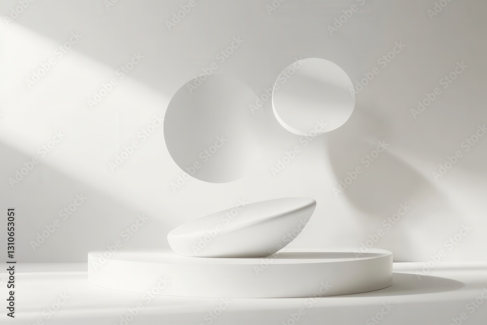 Fototapete Floating minimalist 3D shapes with soft shadows and light reflections on a white background in a futuristic design setting