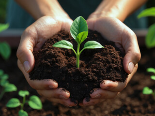 Hands gently holding rich soil with a young green seedling, symbolizing growth, nature, and sustainability.
