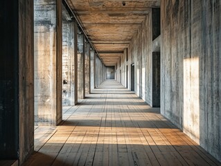 Sunlit concrete corridor with wooden floor, long perspective.