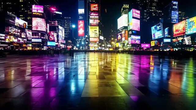 vibrant reflections of times square at night in the rain
