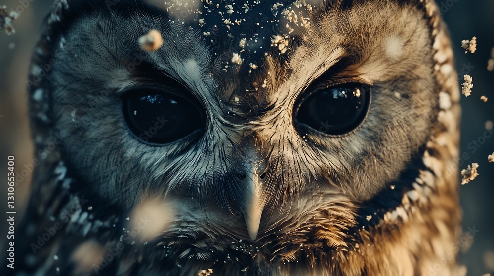 Poster close-up of an owl's intense gaze, with bokeh and subtle snow effect.