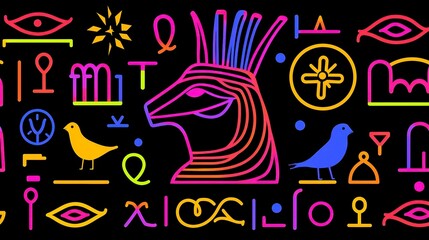 Fototapeta premium Bold Egyptian Hieroglyphic Seamless Design, ancient symbols for storytelling and crafts, featuring geometric simplicity, vibrant neon colors, and striking black outlines.