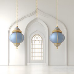 Obraz premium Islamic archway, hanging lanterns, white interior