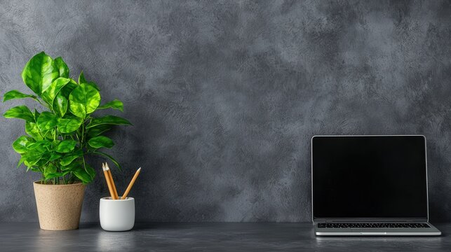 A minimalist desktop setup with greenery, symbolizing eco-friendly workspaces