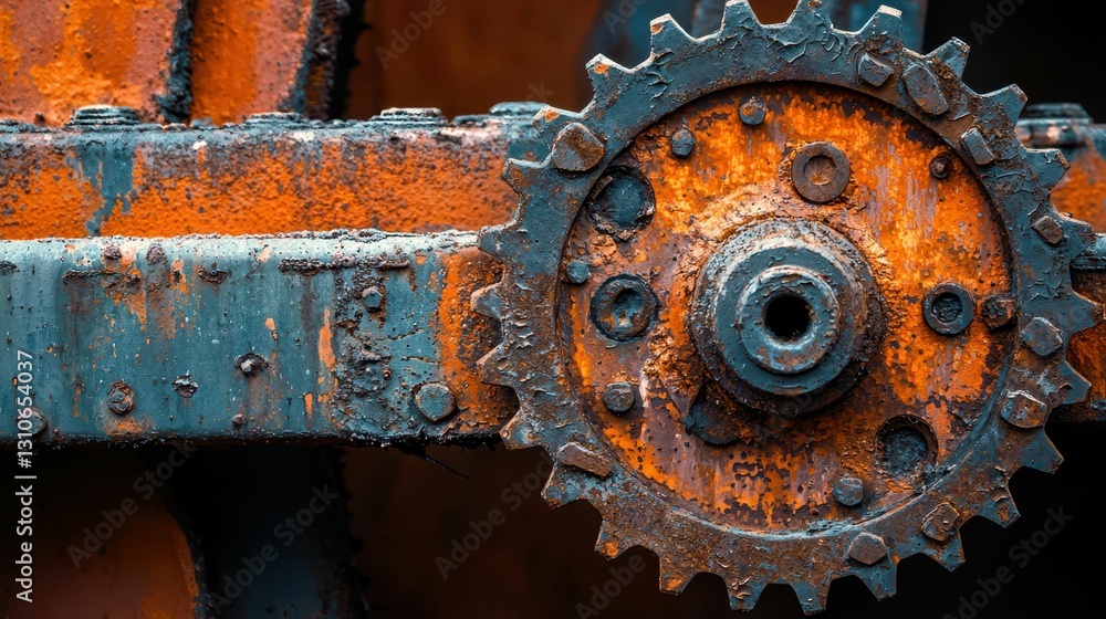 Poster old rusted machine part with intricate corrosion patterns close-up