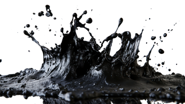 Dynamic splash of black liquid against a dark background, showcasing fluid movement and texture.