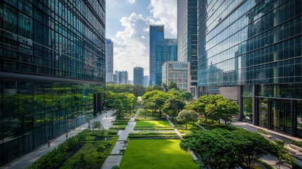 Obraz premium Urban Office View with Lush Greenery and Vibrant Cityscape