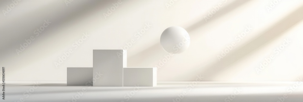 Poster Floating minimalist 3D shapes create an elegant and futuristic atmosphere against a soft white background with subtle shadows