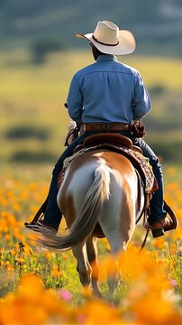 Traditional ranchero in an embroidered charro outfit rides in golden countryside with wildflowers at sunset, embodying spirit of heritage, equestrian culture. Vertical video made using Generative AI