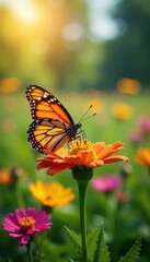 Obraz premium A beautiful butterfly sitting on a colorful flower in a sunlit meadow, vibrant, flowers, meadow