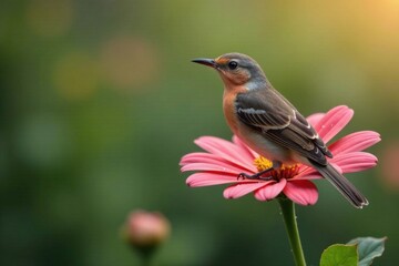 Fototapeta premium A bird sitting on a flower stem with dew drops , morning, leaves, flowers