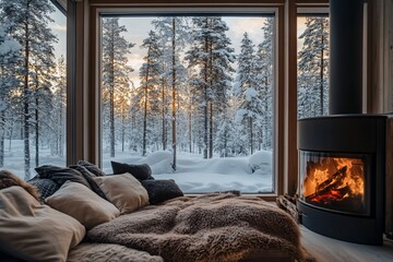 Cozy winter cabin interior with large window showcasing snowy forest sunset and fireplace.