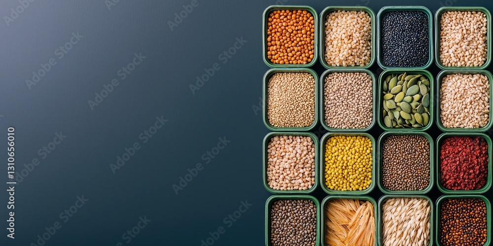Poster earth day resources concepts. variety of colorful seeds and grains in containers on a dark backgroun