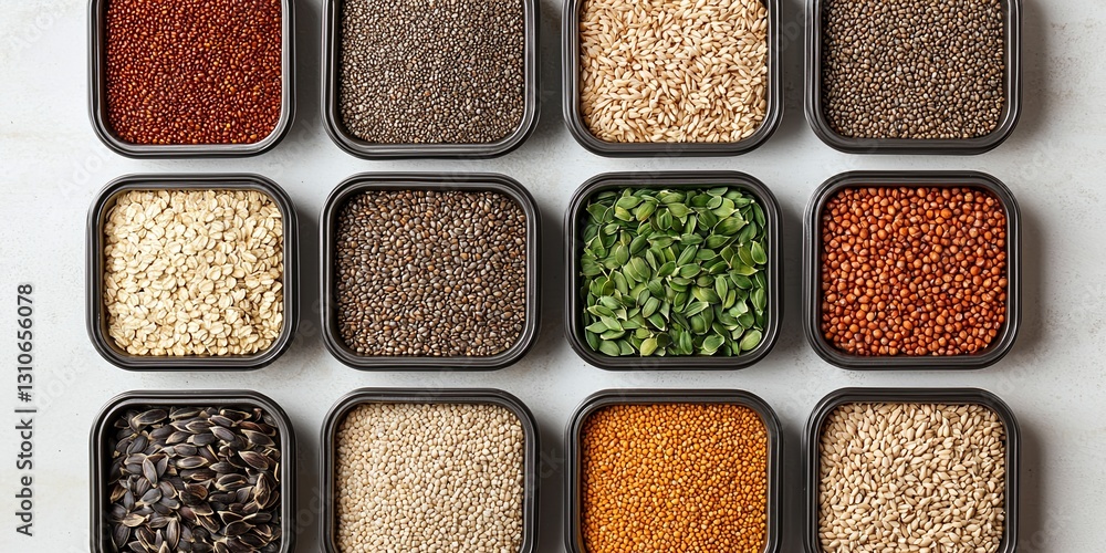 Poster earth day resources concepts. assorted spices and seeds in square containers on a light surface.