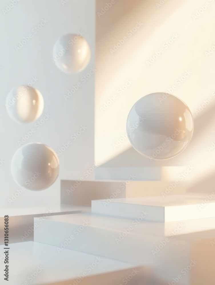 Poster Floating minimalist 3D shapes create a serene and futuristic ambiance with soft shadows and elegant light reflections