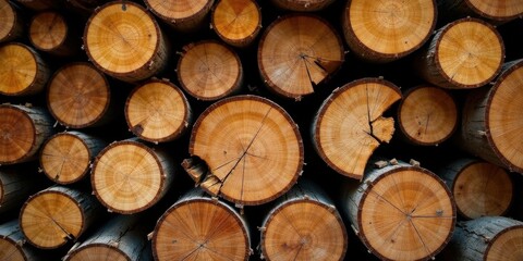 A dense stack of neatly arranged tree cross sections, showcasing intricate wood grain patterns and natural textures